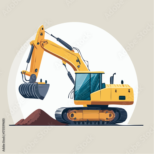 Yellow excavator digging dirt, representing construction machinery crucial for architecture and infrastructure development, ideal for building projects