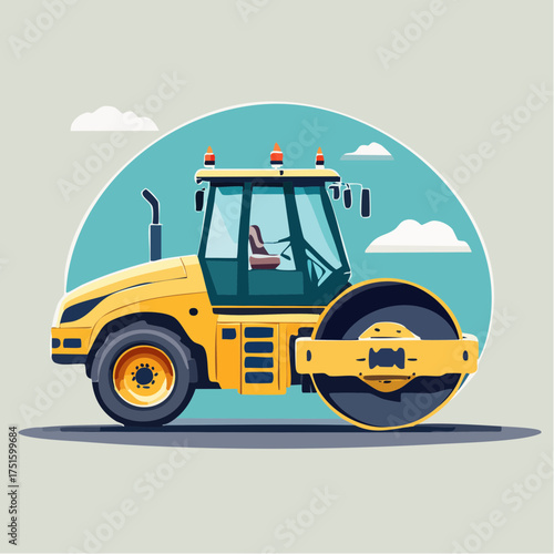 Infrastructure Architecture A Heavy Road Roller for Construction and Industrial Pavement Development, a detailed side view of the steamroller vehicle