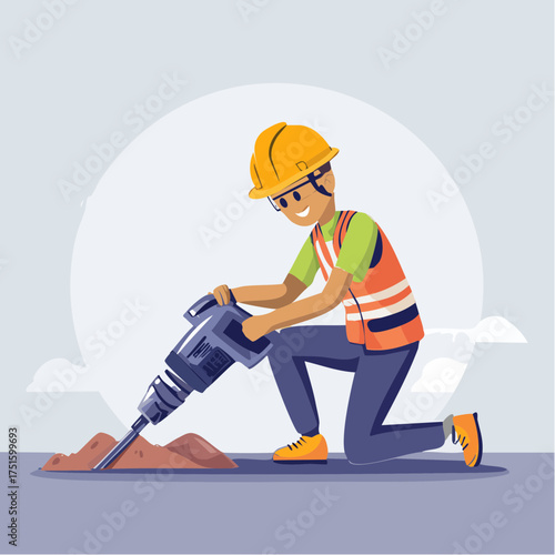 Dedicated construction professional operating a robust jackhammer to prepare site foundations, essential for modern architecture and structural development