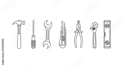 Collection of hand drawn tools including hammer screwdriver wrenches and level