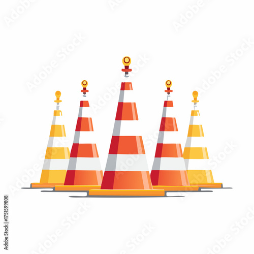 An isolated group of striped traffic cones, an essential element of temporary safety architecture for roadwork and urban construction projects