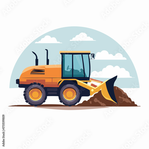 Heavy machinery preparing a construction site for a new architecture project, a front loader moving earth in a vector illustration style
