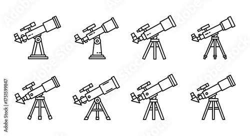 Collection of hand drawn telescope illustrations on tripod mounts