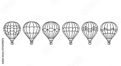 Collection of six vintage hot air balloon illustrations in black and white