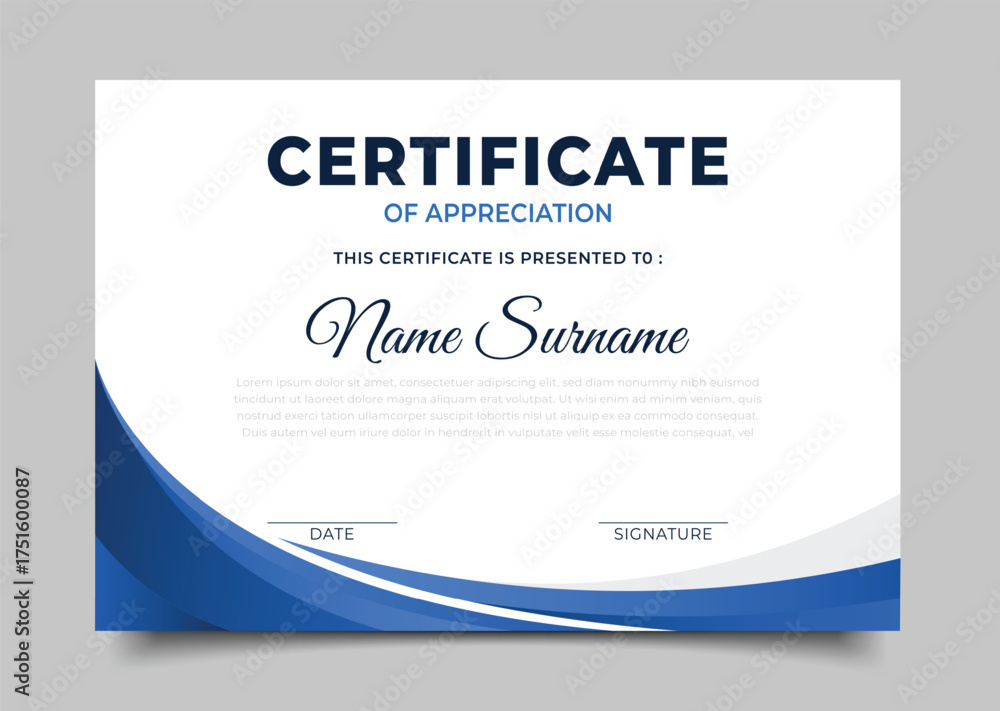 Fototapeta premium Business blue gradient Certificate of appreciation template geometric wavy border design