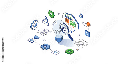 Lightbulb representing innovative ideas connecting to cloud computing and artificial intelligence on white surface, symbolizing technological advancement and progress.