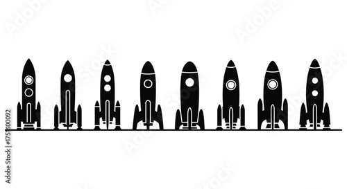 Collection of retro rocket silhouettes standing in a row