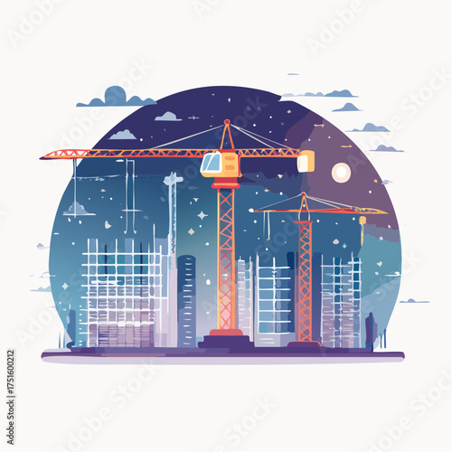 Construction of futuristic architecture under a starry night sky with cranes and skyscrapers illustrating urban development and progress