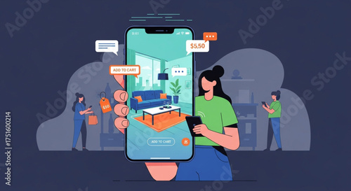 Augmented reality application on smartphone for interior design, showcasing virtual furniture placement and home improvement planning