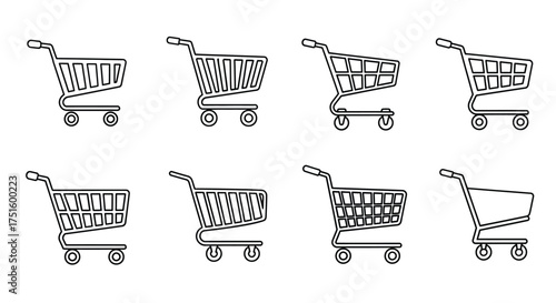 Collection of hand drawn shopping carts in black and white outline