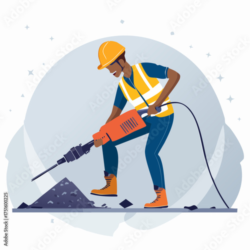 Construction worker using a jackhammer, a powerful tool for demolishing structures, specifically for architecture projects, demonstrating skill in breaking concrete