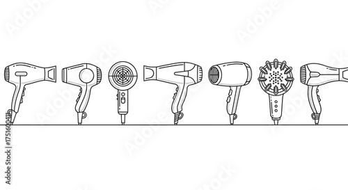 Collection of diverse hair dryer illustrations in a line