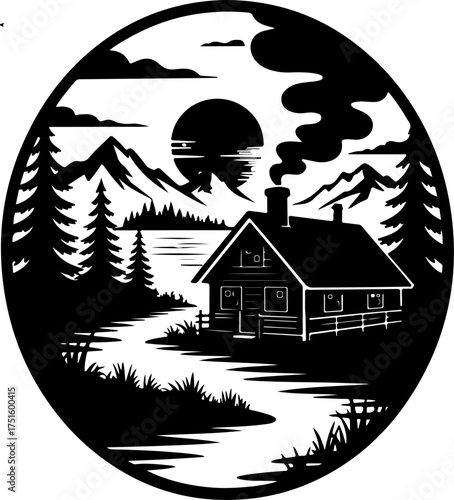 Laser cut landscape with wooden cabin surrounded by pine trees