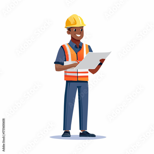 Cheerful cartoon construction foreman with a yellow helmet examining architecture blueprints for a building project. Vector illustration