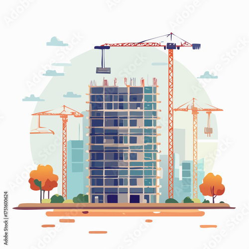 Flat vector illustration of a construction site with tower cranes building a modern residential high-rise, a concept of urban architecture and development