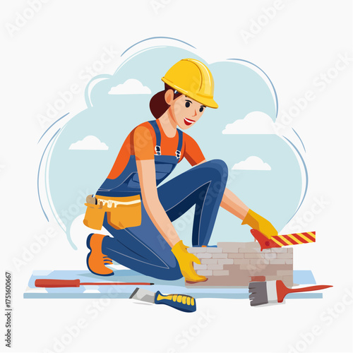 A skilled female construction worker meticulously laying bricks, showcasing expertise in architecture and home building, under a cloudy sky