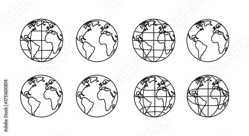 Eight hand drawn outline globes showing different continents and perspectives