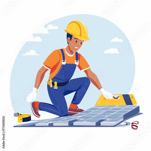 Skilled technician installing solar panels on a rooftop, contributing to sustainable architecture and renewable energy solutions for modern buildings