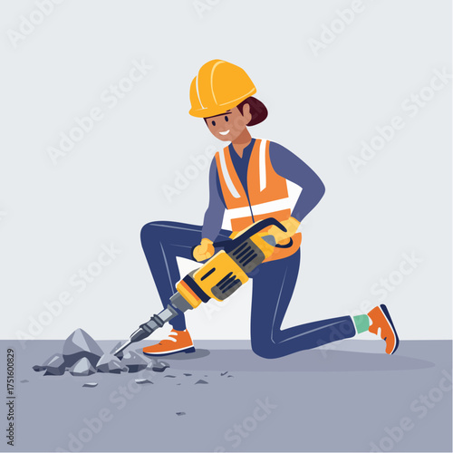 Empowered female construction worker expertly operates a powerful jackhammer, diligently breaking concrete for essential architecture and urban renovation projects