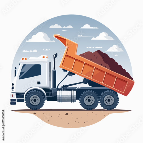 Vector illustration of a heavy-duty dump truck in action, essential machinery for modern building and architecture projects on a construction site
