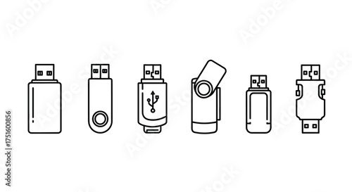 Collection of hand drawn usb flash drives in outline style