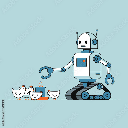 Cartoon robot serves tea to small smiling chickens on a light blue background.