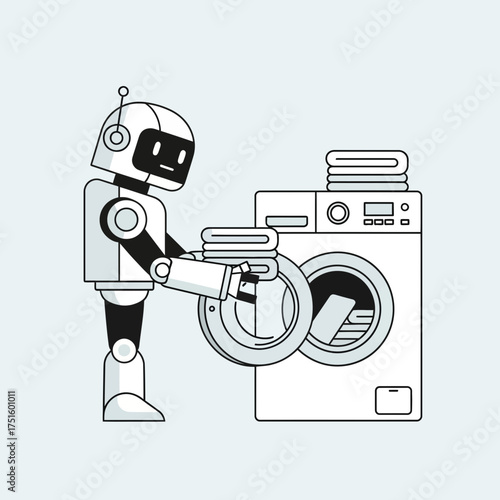 Robot loads clothes into a washing machine in a simple illustration.