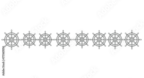 Row of vintage ship steering wheels in a line