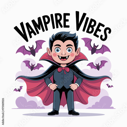 Vampire vibes poster, smiling child vampire, bats and ribbons, purple haze backdrop, spooky cute artwork, crisp vector