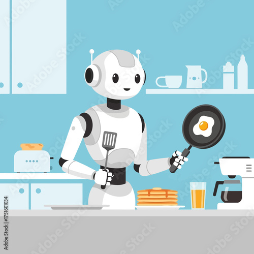 Robot cooking an egg in a frying pan in a kitchen setting.