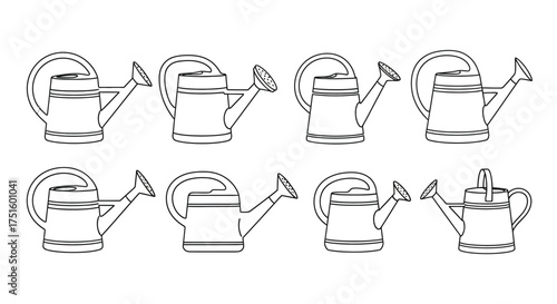 Collection of eight hand drawn watering cans in a row