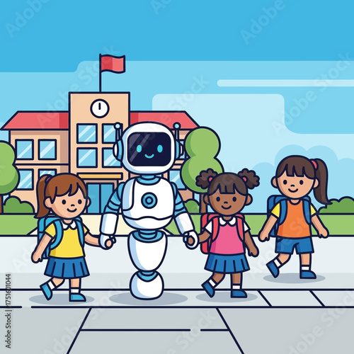 Robot walks with three children in front of a school building illustration.