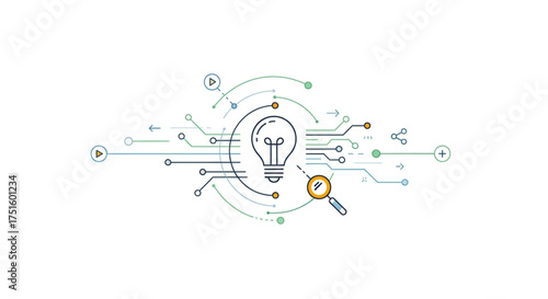 Creative idea generation and problem solving, with a light bulb, magnifying glass, and circuit board representing innovation