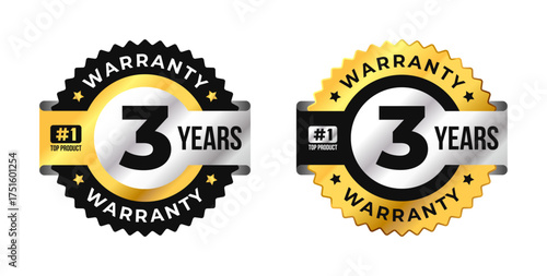 Premium 3 years warranty badge vector with black, gold and silver colors. Perfect for product guarantee, quality assurance, label, or certification design