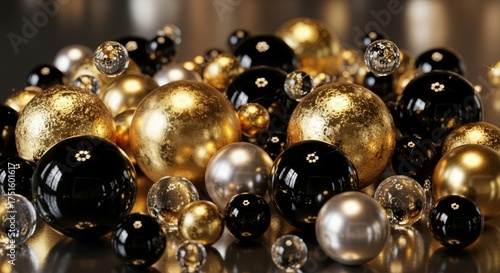 Sparkling array of festive gold and black baubles creating a rich and luxurious holiday display