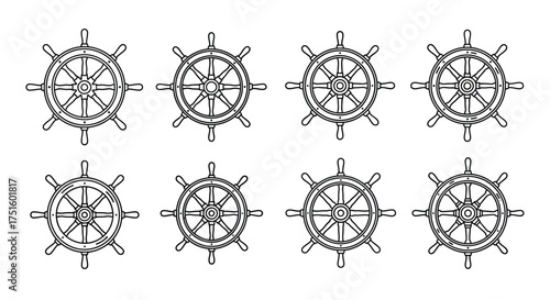 Collection of eight vintage ship steering wheels in a grid pattern