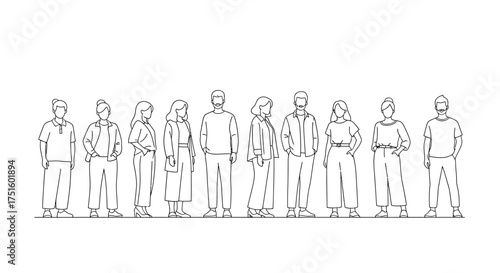 Diverse group of people standing together in outline sketch style