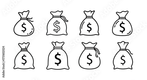 Collection of hand drawn money bags with dollar signs