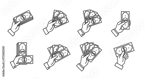 Collection of hand drawn illustrations of hands holding money bills