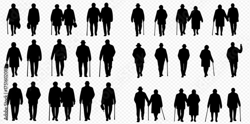 A collection of black silhouettes of elderly people walking, some as couples and some with canes, on a transparent background.