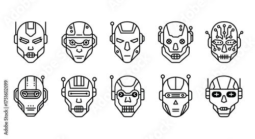 Collection of ten unique robot heads in a line drawing style