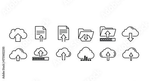 Collection of cloud computing icons for data upload and download