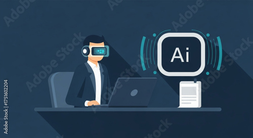A man in a suit and vr headset interacts with ai, using a laptop and digital tablet, showcasing the integration of artificial intelligence