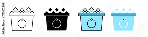 Ice Bucket icon on a white background shown in stroke outline, solid fill, flat color, and shaded color styles. Ideal for cold drinks, party, bar service, hospitality, celebration, and winter-themed,