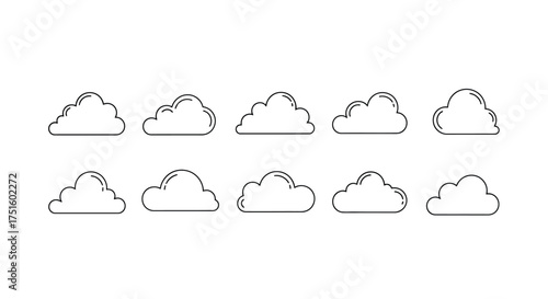 Collection of hand drawn cloud icons in a simple line art style