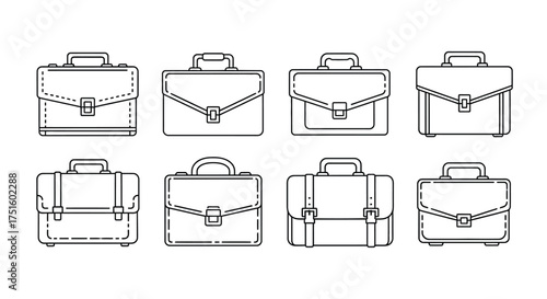 Collection of eight hand drawn line art briefcases and portfolios