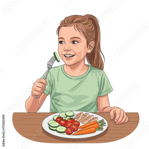 Healthy eating habits A young girl enjoys a nutritious meal of vegetables and meat