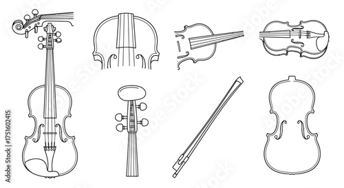 Collection of hand drawn violin and cello illustrations in sketch style