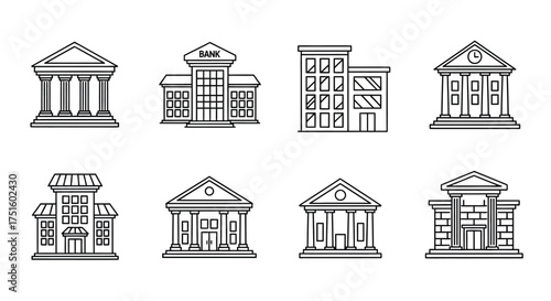 Collection of outline icons representing different types of banks and financial institutions