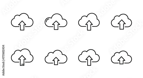 Collection of simple cloud upload icons with upward arrows